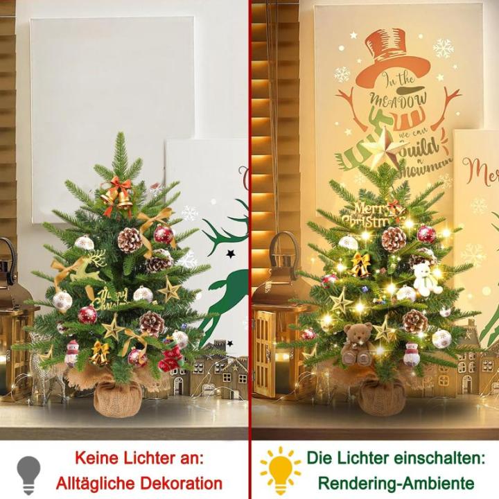 2X Weihnachtsbaum mit Deko Lichterkette 30 LED warm weiß Batterie, 60 cm Mini Kunstweihnachtsbaum mit Pinienzapfen, Tisch-Weihnachtsbaum, Weihnachtsdeko, Material PE+PVC,für Weih