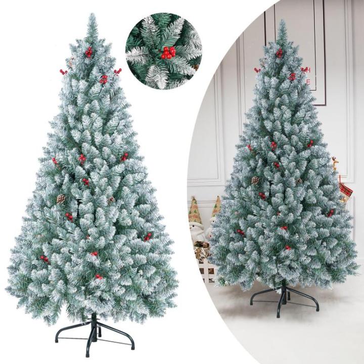 Kunstkerstboom 200 cm, kunstkerstboom met 1100 takken, met rode bessen en dennenappels, voor kerstversiering