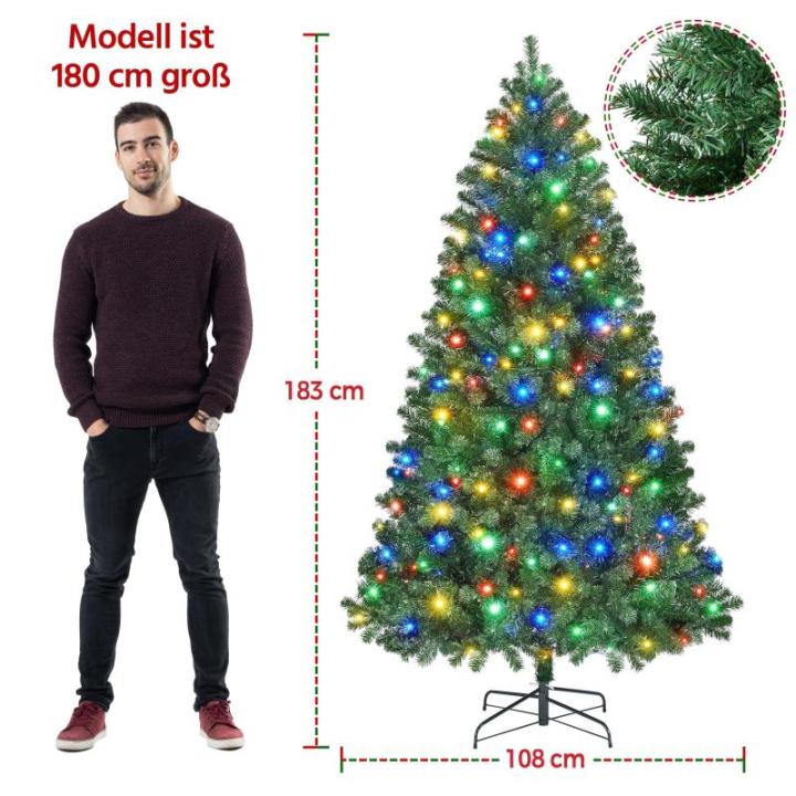 Kunstkerstboom met ledverlichting, 183 cm, met 300 meerkleurige en warmwitte lampen, 9 lichtmodi, kerstboom met 818 takken en opvouwbare metalen standaard, groen