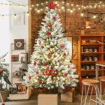 Kunstkerstboom met verlichting, 180 cm, natuurgetrouw, met flockpunten en metalen houder, kerstboom, kerstdecoratie