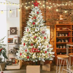 Kunstkerstboom met verlichting, 150 cm, natuurgetrouw, met flockpunten en metalen houder, kerstboom, kerstdecoratie