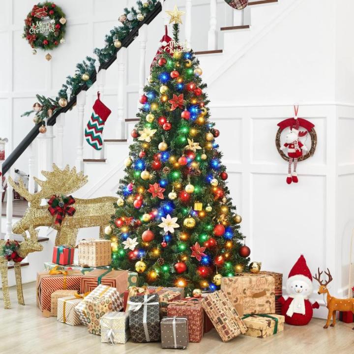 Kunstkerstboom met ledverlichting, 183 cm, met 300 meerkleurige en warmwitte lampen, 9 lichtmodi, kerstboom met 818 takken en opvouwbare metalen standaard, groen