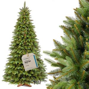 Nordmann Kunstkerstboom, 220 cm, natuurgetrouwe spuitgietelementen, gemaakt in de EU, kunstkerstboom met handgemaakte standaard van essenhout
