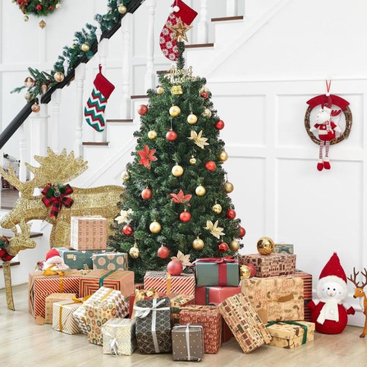 Kunstkerstboom met ledverlichting, 152,5 cm, met 396 takken en 200 warmwitte en meerkleurige lampen, 9 lichtmodi, inklapsysteem, kerstboom, dennenboom, kunstboom, groen