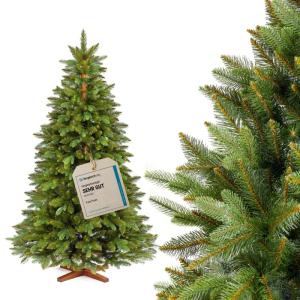 Nordmann Kunstkerstboom, 150 cm, natuurgetrouwe spuitgietelementen, gemaakt in de EU, kunstkerstboom met handgemaakte standaard van essenhout