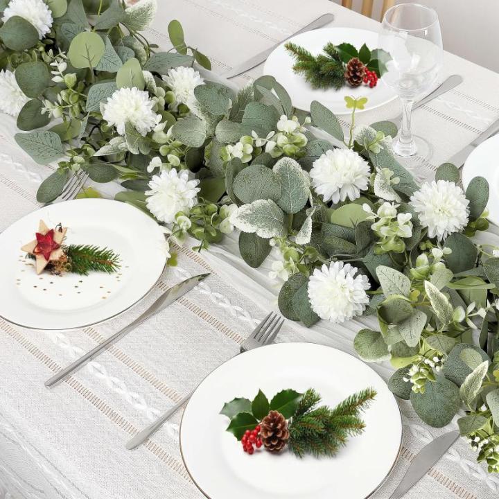 4 Stück Künstliche Eukalyptus Girlande Weiße Hortensien Tischgirlande Efeu Hängepflanze Kunstpflanze Reben Gefälschte Schmetterling Grün Blättergirlande für Hochzeit Party 