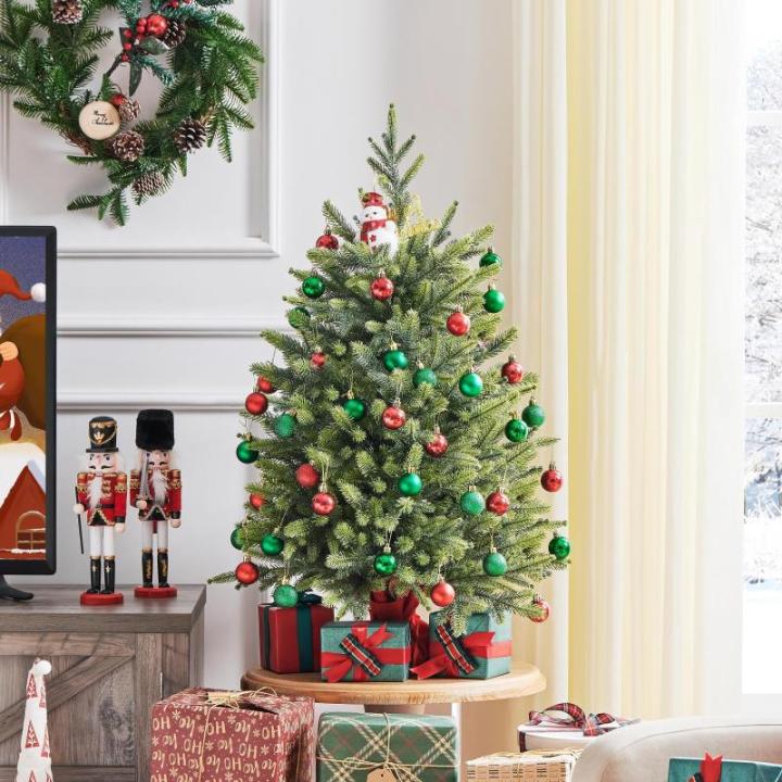 91 cm mini-kunstkerstboom met 143 takken en cementbasis, mini-tafelblad, dennenboom, moeilijk ontvlambaar, tafelkerstboom, klein, voor kerstdecoratie, groen