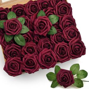 50 Stück Künstliche Rosen Burgunderrot Kunstblumen Dunkelrote Rosen für Dekorationen, Schaumstoff-Rose mit Stielen für DIY Hochzeitssträuße Tafelaufsätze Valentinstag Mutter