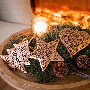 6 stuks 11 cm kerstboomversiering, brons hangende kerstdecoratie van metaal, ijzeren hart, ster, boom kerst