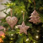 6 stuks 11 cm kerstboomversiering, brons hangende kerstdecoratie van metaal, ijzeren hart, ster, boom kerst